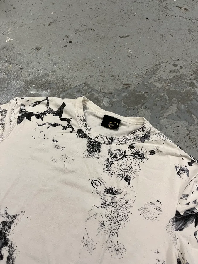 2000s Cavalli Black & White Floral Faded Paint T-Shirt - Image 2