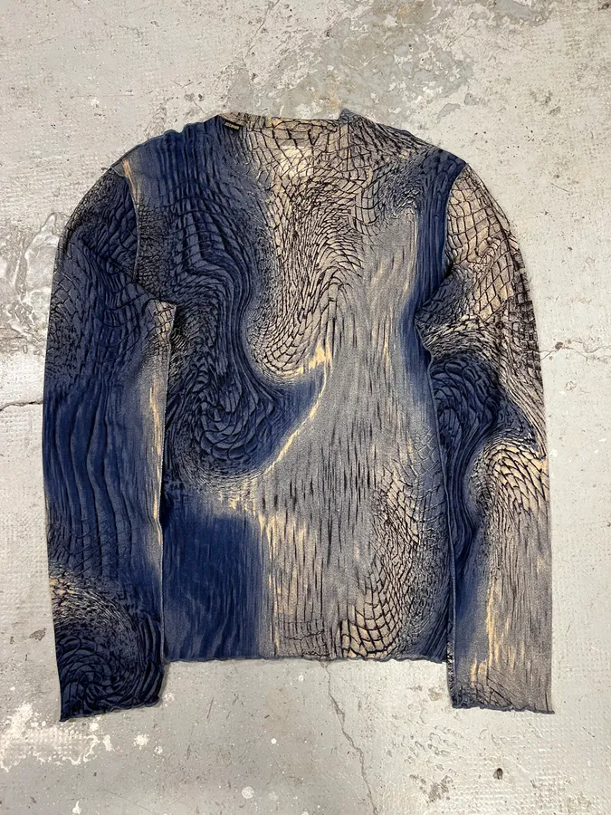 2000s Cavalli Blue & Beige Crocodile Effect Longsleeves - Image 2