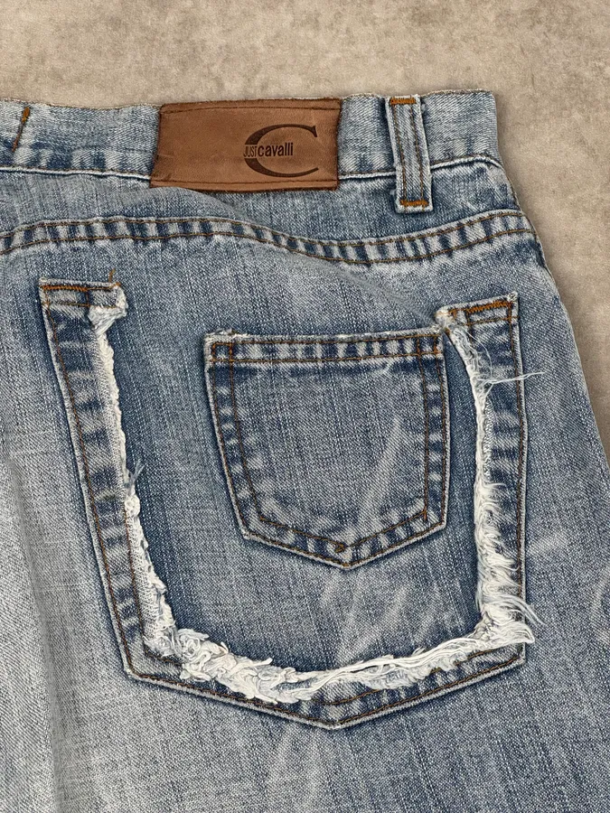2000s Cavalli Blue Faded Destructured Pocket Denim Jeans - Image 8