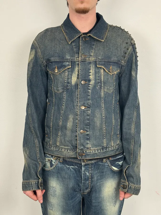 2000s Cavalli Blue Faded Studded Denim Jacket - Image 2