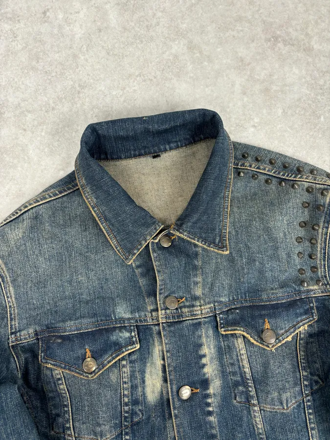 2000s Cavalli Blue Faded Studded Denim Jacket - Image 4