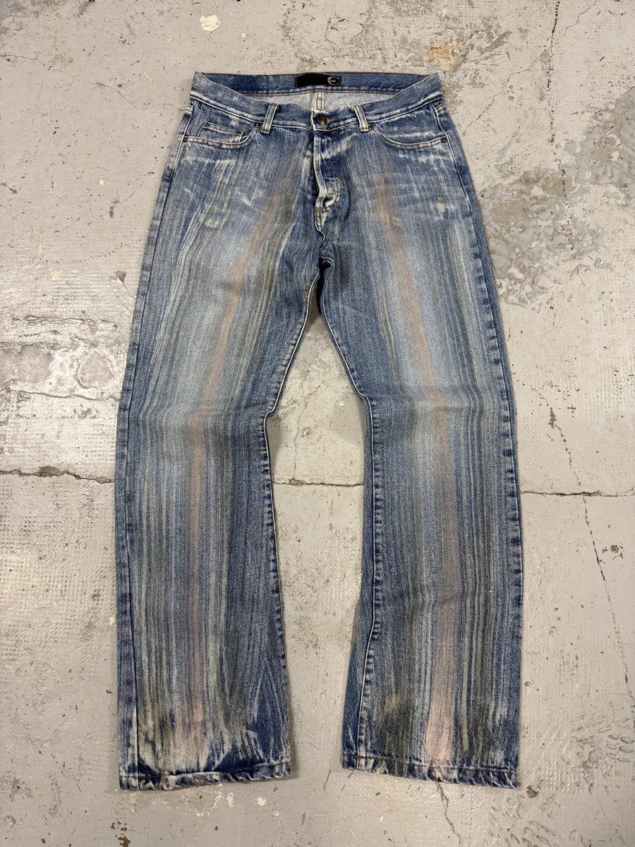 2000s Cavalli Blue Painted Effect Irregular Denim Jeans