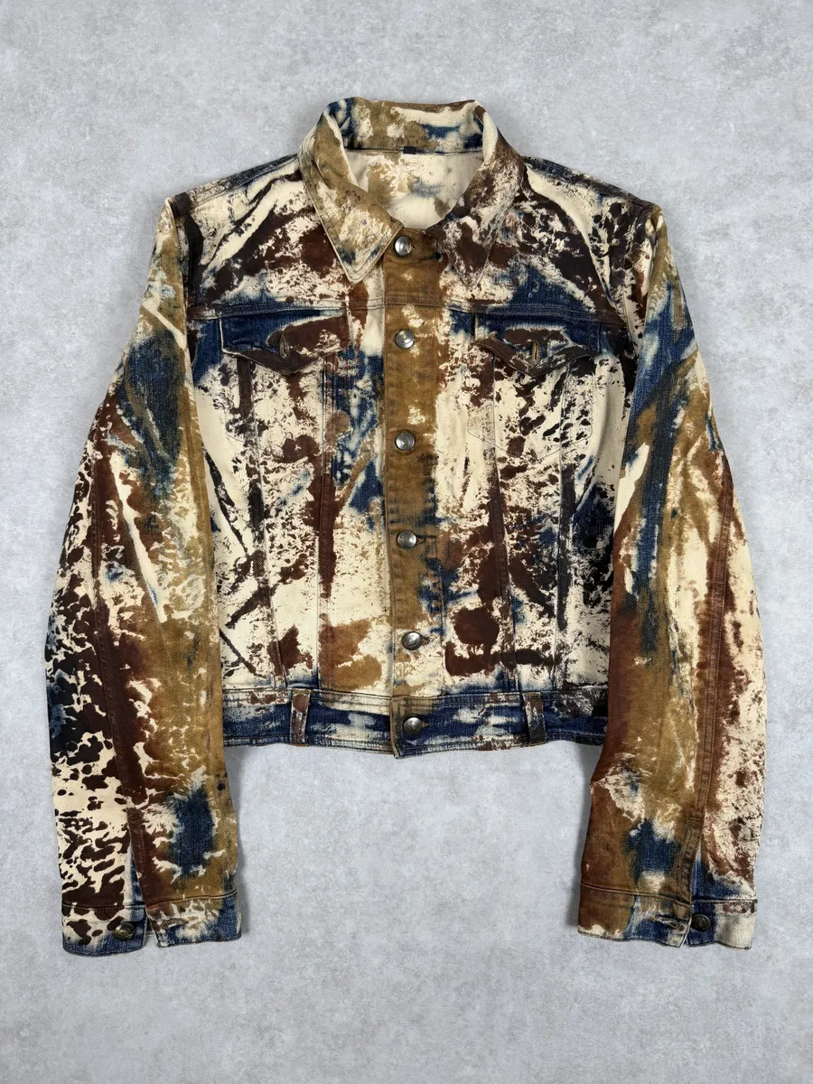 2000s Cavalli Blue World Rust Eroded Denim Jacket