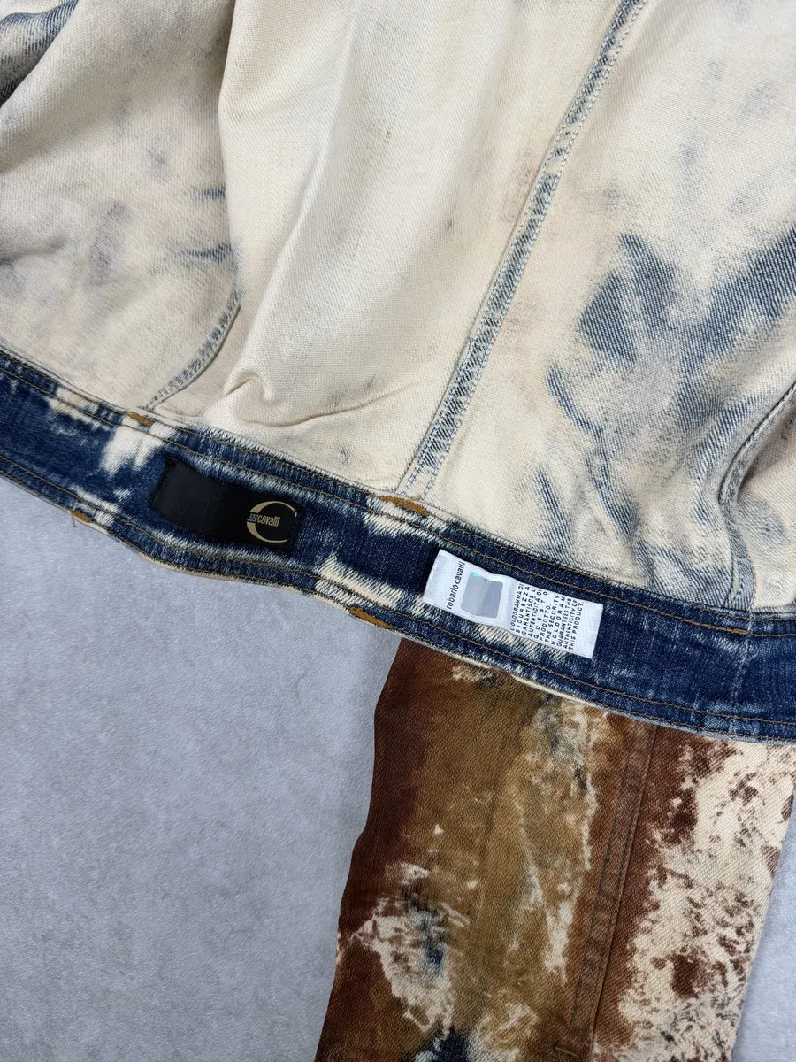 2000s Cavalli Blue World Rust Eroded Denim Jacket - Image 12