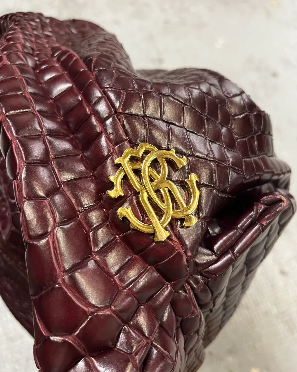 2000s Cavalli Bordeaux Crocodile Embossed Leather Handle Bag - Image 7