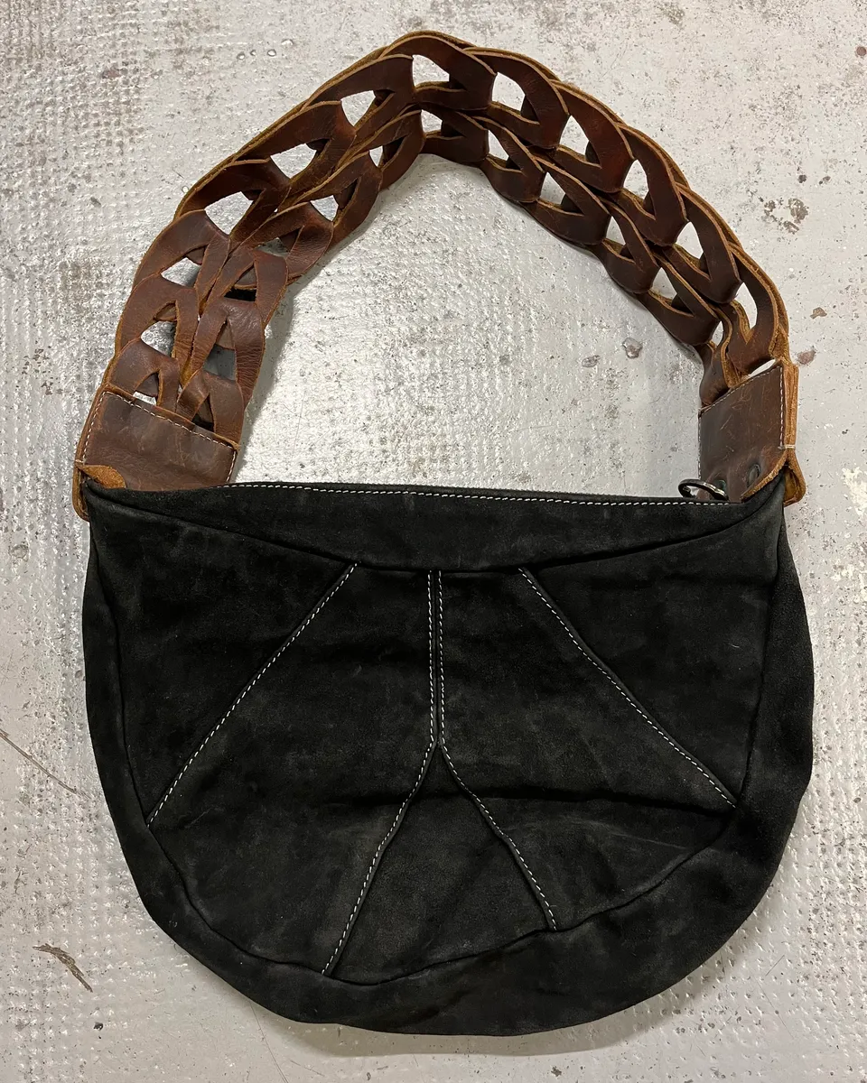 2000s Cavalli Braided Brown Leather Strap Black Suede Shoulder Bag - Image 8
