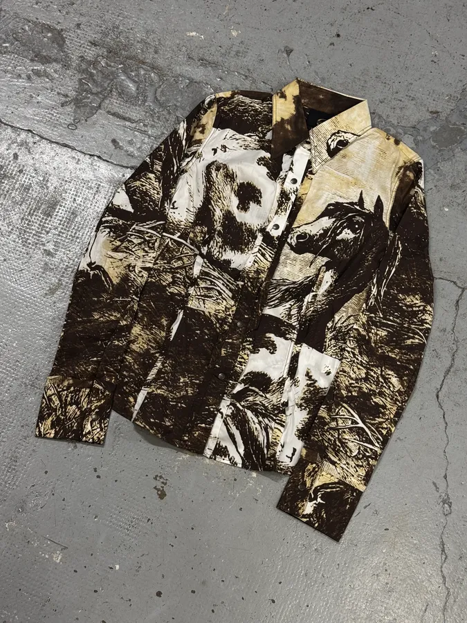 2000s Cavalli Brown & Beige Horse Ranch Shirt - Image 5