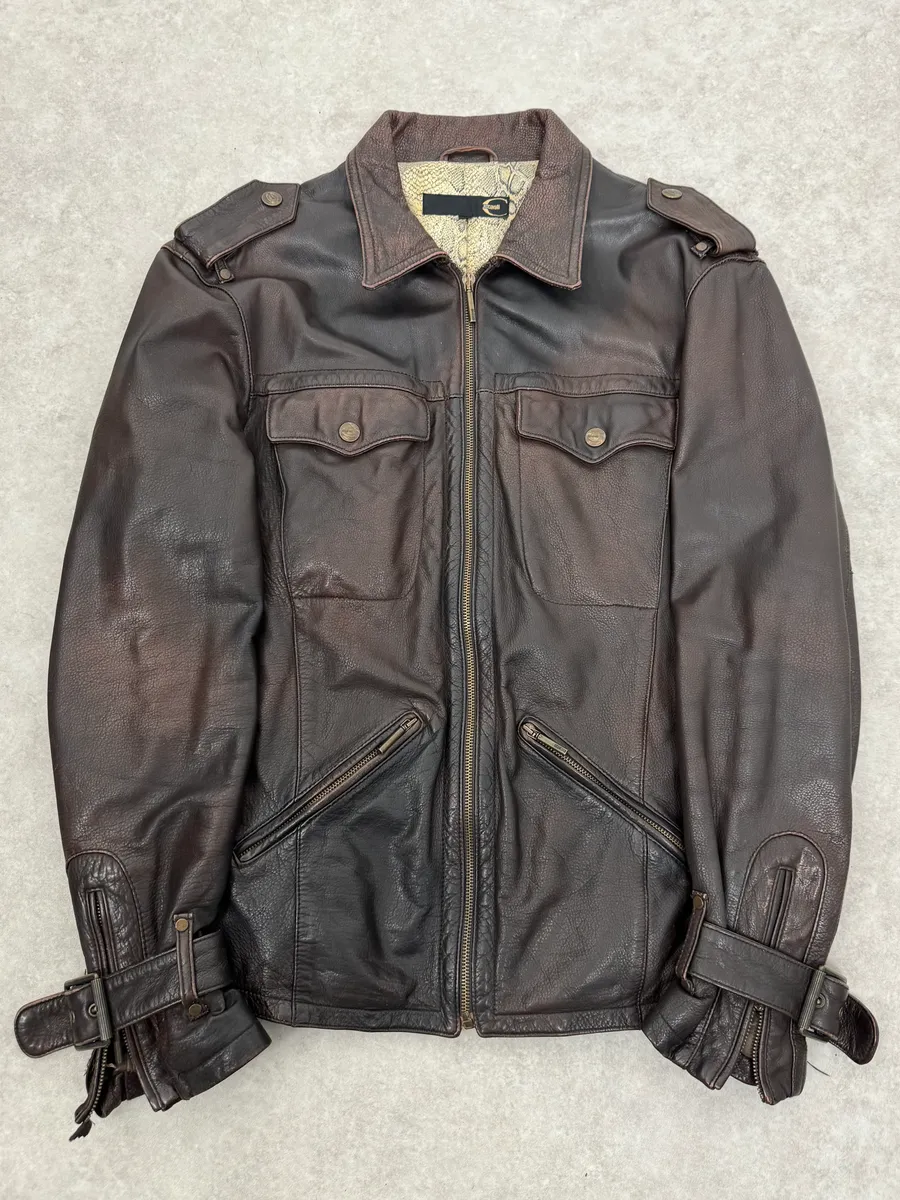 2000s Cavalli Brown Eroded Leather Buckle Jacket