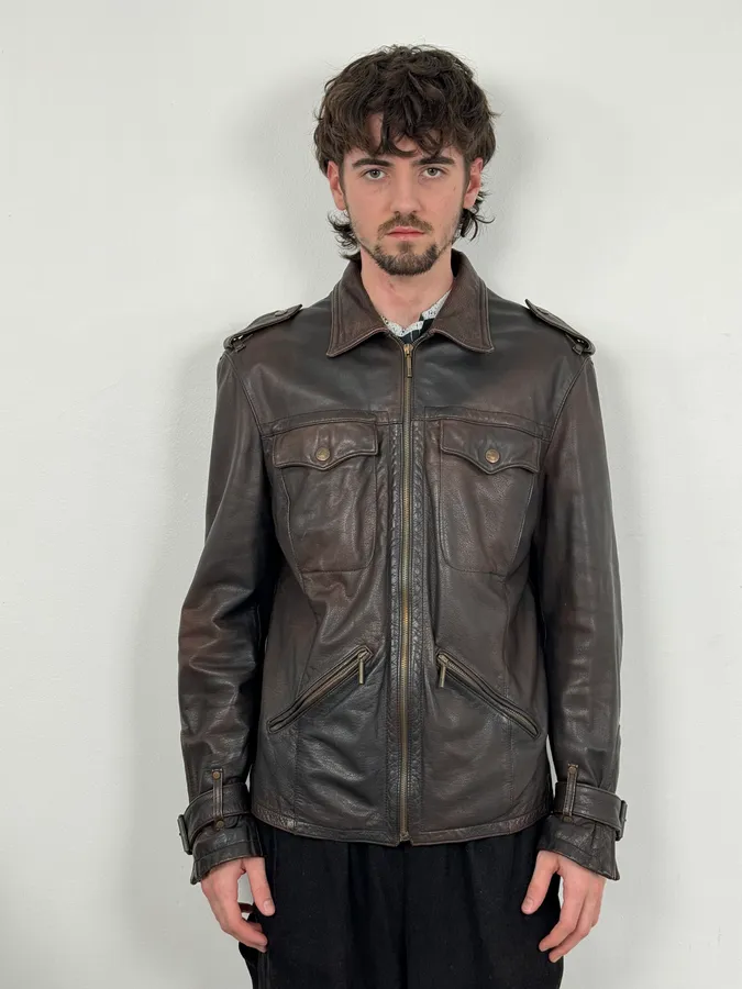 2000s Cavalli Brown Eroded Leather Buckle Jacket - Image 2