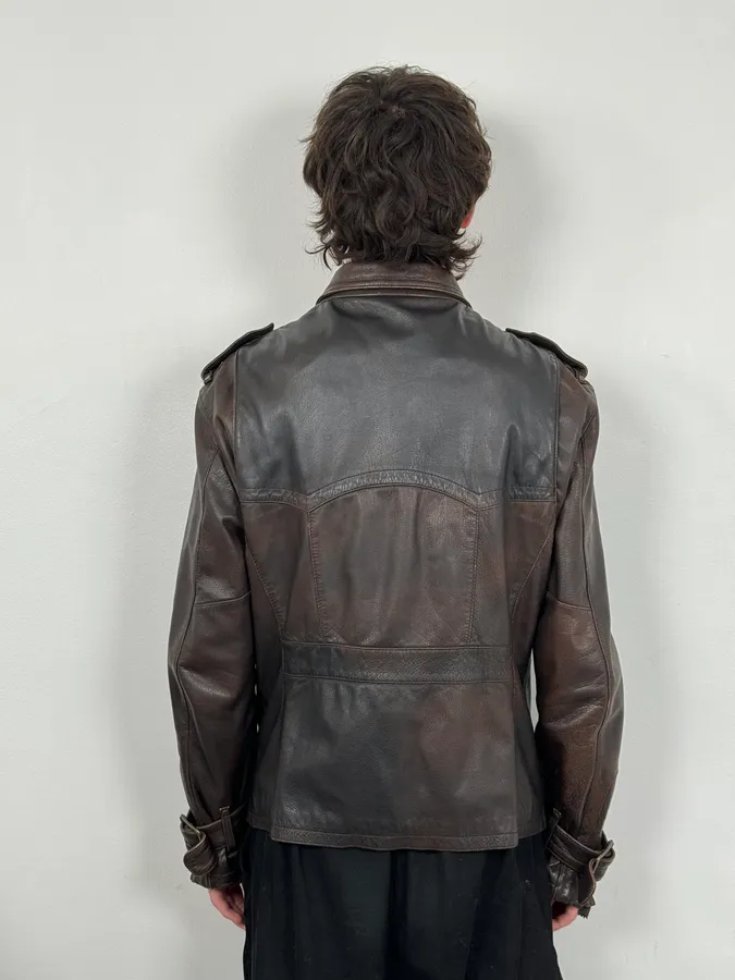 2000s Cavalli Brown Eroded Leather Buckle Jacket - Image 3