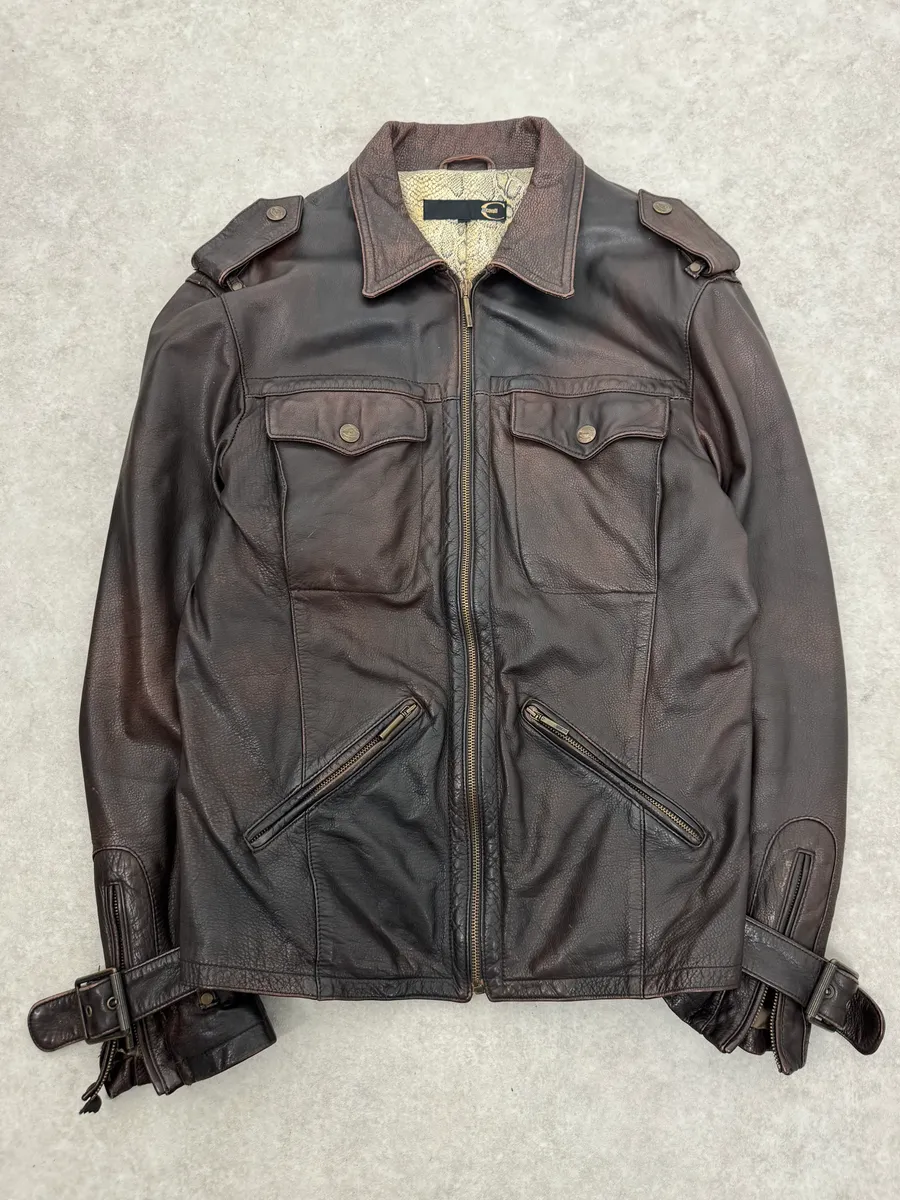 2000s Cavalli Brown Eroded Leather Buckle Jacket - Image 4