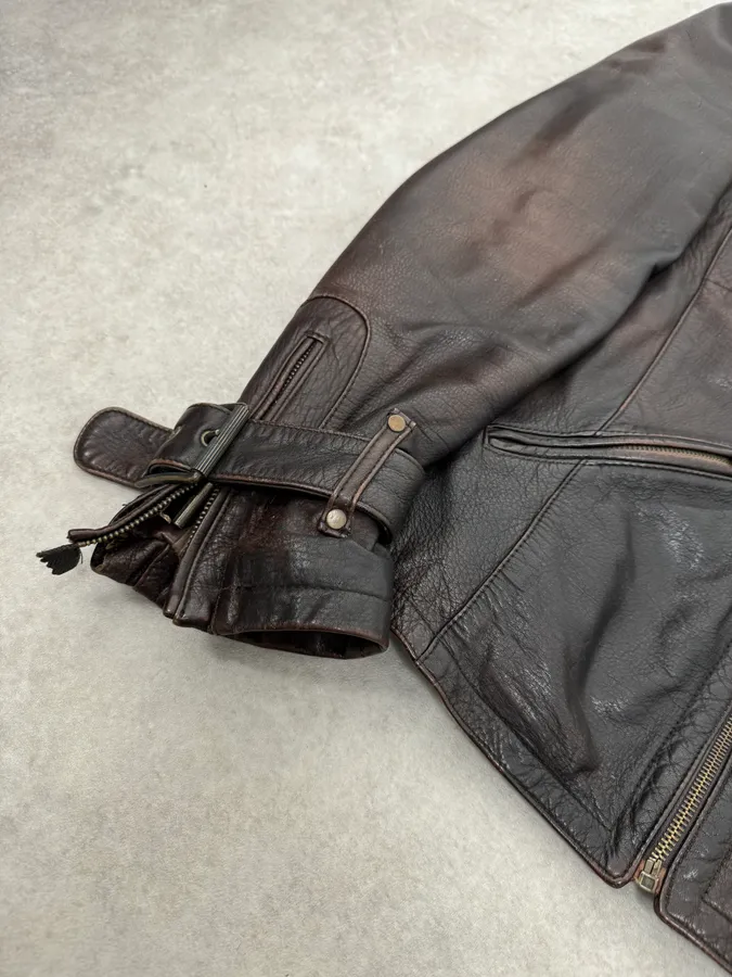 2000s Cavalli Brown Eroded Leather Buckle Jacket - Image 6