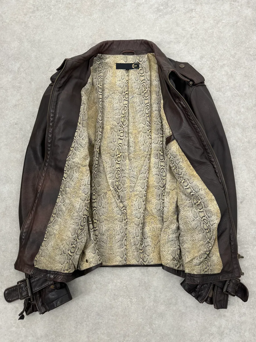 2000s Cavalli Brown Eroded Leather Buckle Jacket - Image 8