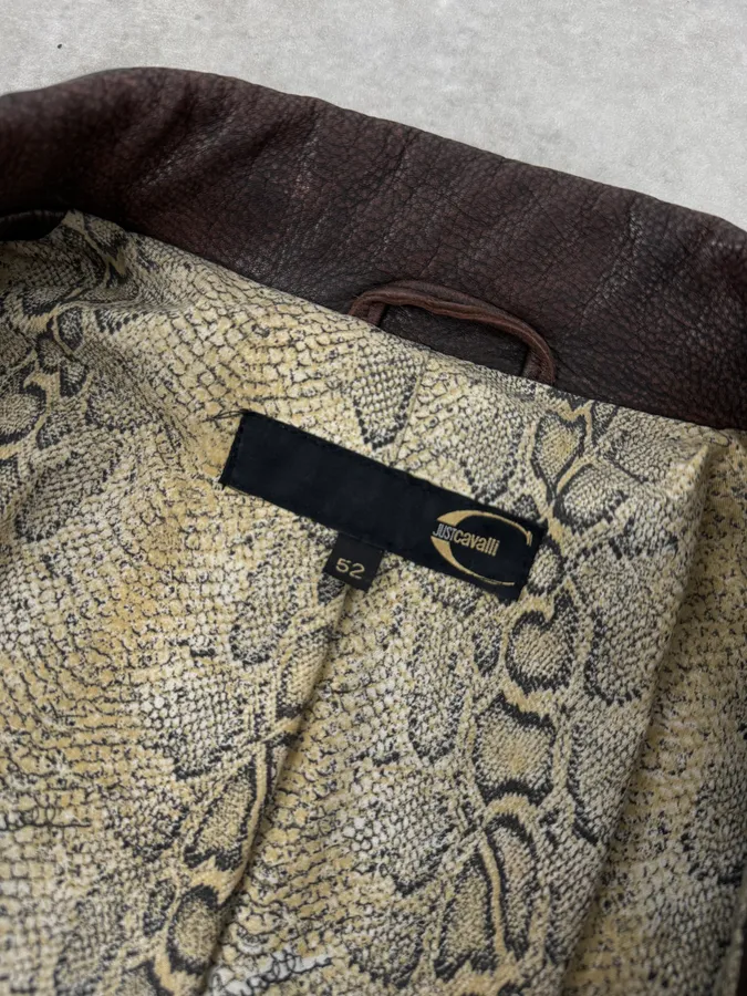 2000s Cavalli Brown Eroded Leather Buckle Jacket - Image 9