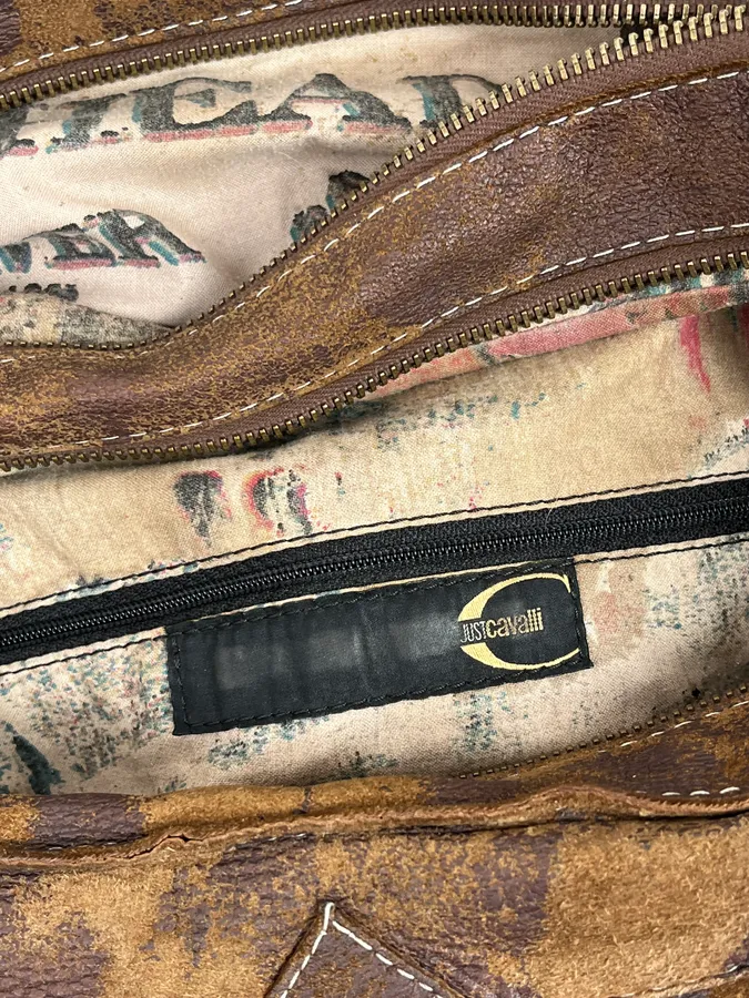 2000s Cavalli Brown Eroded Leather Shoulder Bag - Image 9