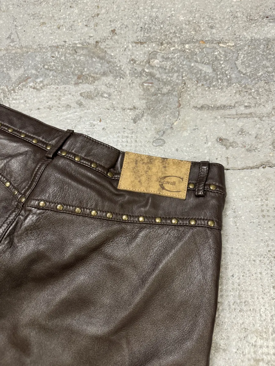 2000s Cavalli Brown Leather Embellished Skirt - Image 4