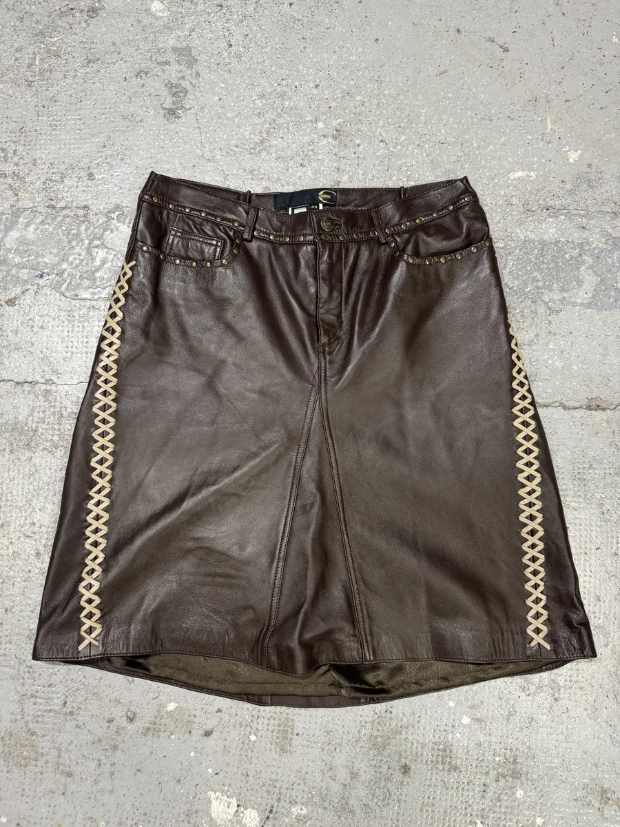 2000s Cavalli Brown Leather Embellished Skirt - Image 6