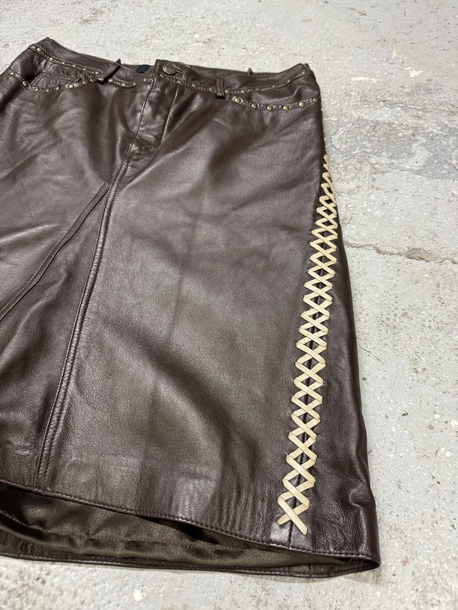 2000s Cavalli Brown Leather Embellished Skirt - Image 8