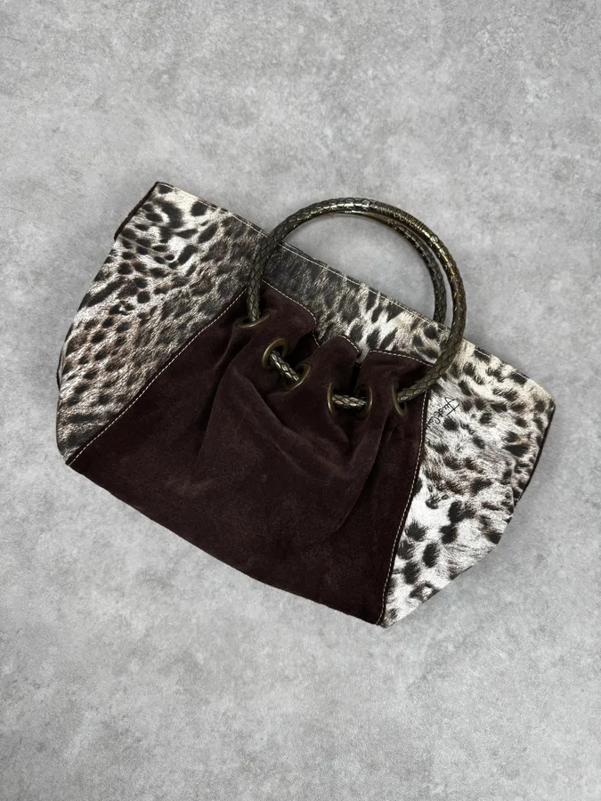 2000s Cavalli Brown & White Leopard Print & Suede Handle Bag - Image 5