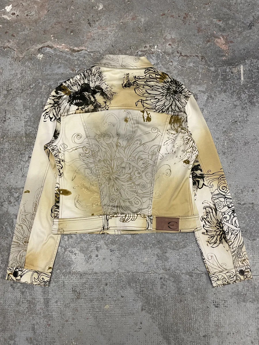 2000s Cavalli Chinese Ink Flowers Cropped Beige Jacket - Image 3