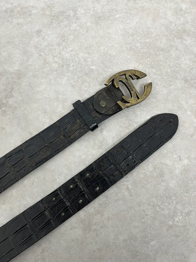 2000s Cavalli Crocodile Embossed Black & Brown Leather Belt - Image 3