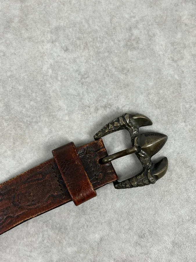 2000s Cavalli Dragon Claw Buckle Brown Studded Leather Belt - Image 6