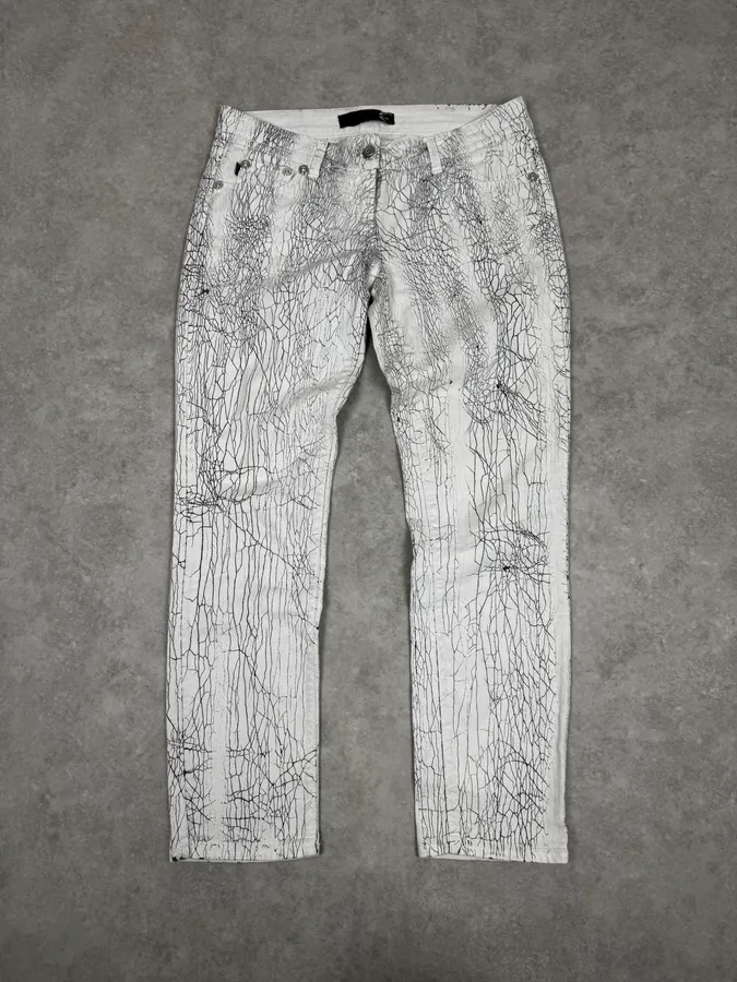 2000s Cavalli Earthquake Cracked White Print Pants - Image 2