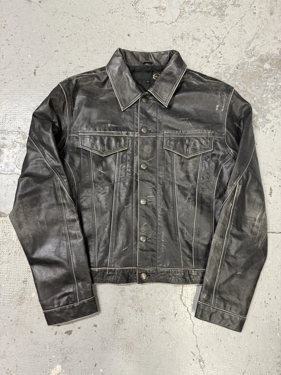 2000s Cavalli Eroded Brut Archive Trucker Leather Jacket - Image 10