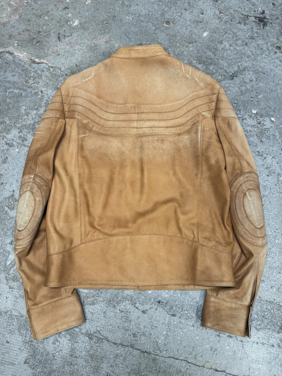 2000s Cavalli Faded Beige Padded Biker Leather Jacket - Image 2