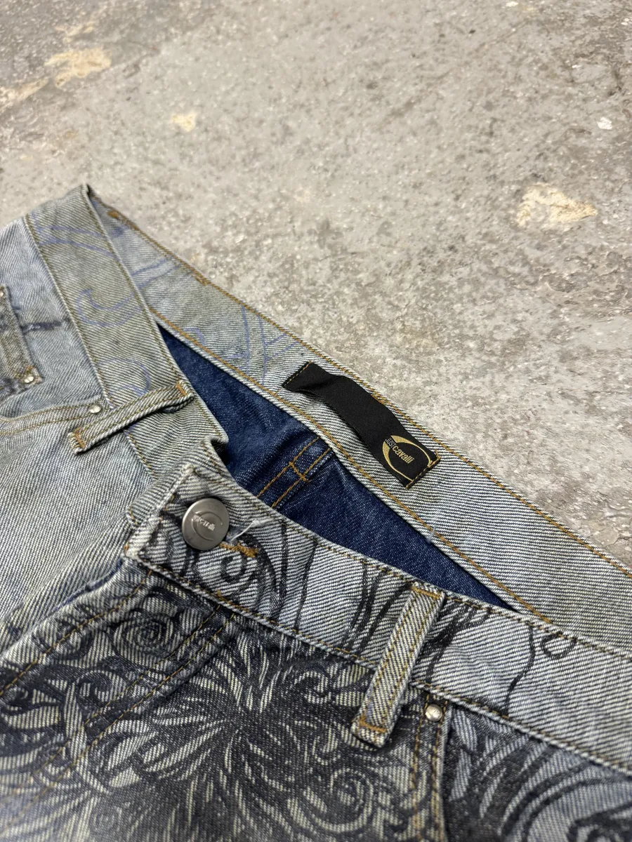 2000s Cavalli Floral Contemporary Blue Denim Pants - Image 5