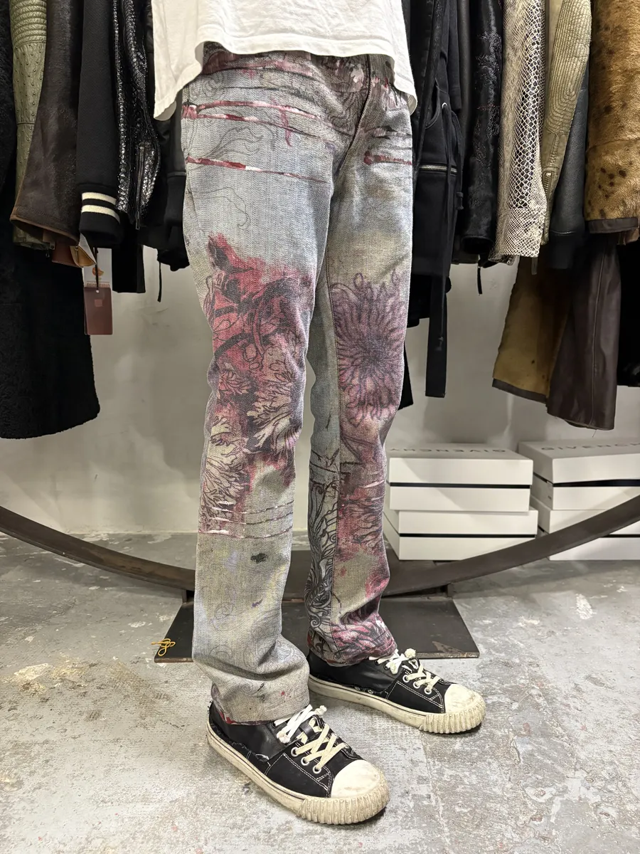 2000s Cavalli Flowers Scar Red Signature Grey Denim Jeans - Image 3