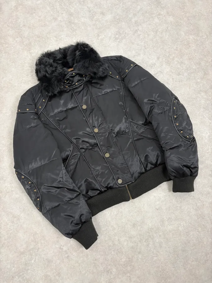 2000s Cavalli Fur Collar Black Puffer Studded Jacket - Image 4