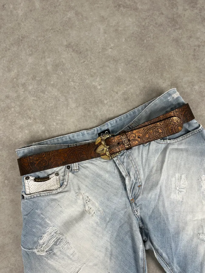 2000s Cavalli Gold Buckle Brown Leather Belt