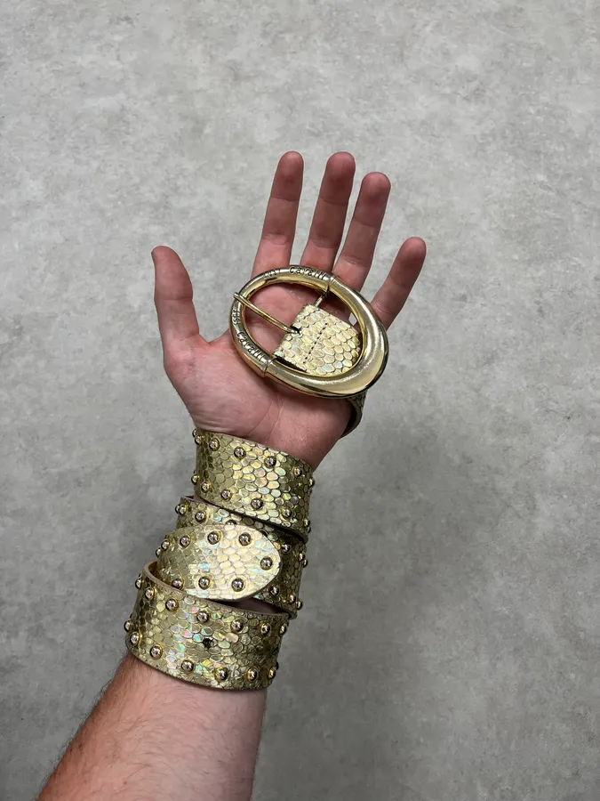 2000s Cavalli Golden Crocodile Effect Leather Belt - Image 2