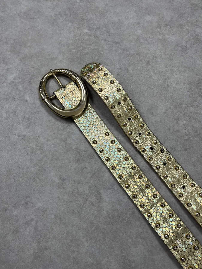 2000s Cavalli Golden Crocodile Effect Leather Belt - Image 4