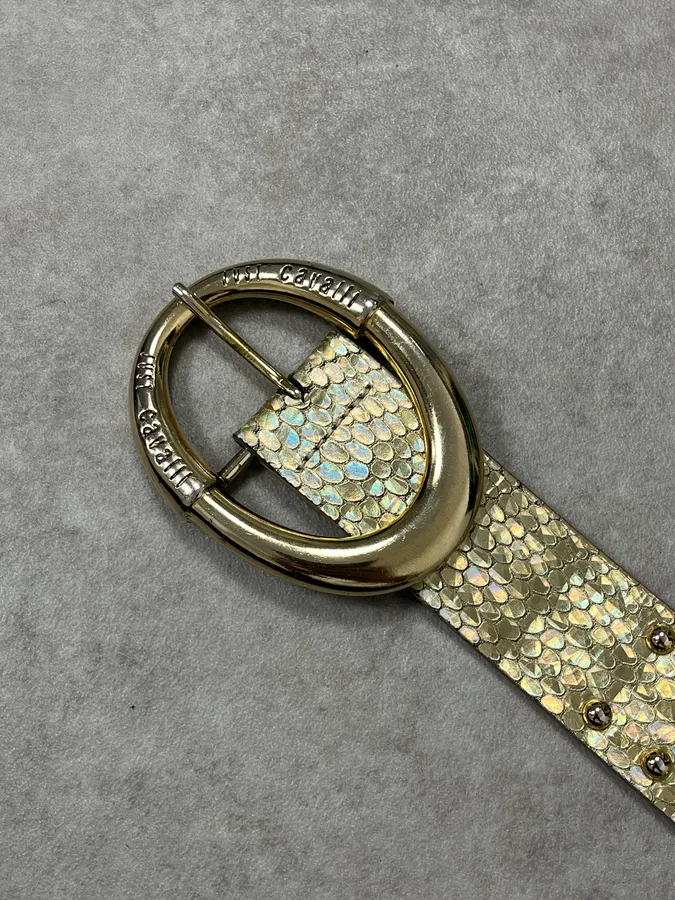 2000s Cavalli Golden Crocodile Effect Leather Belt - Image 5