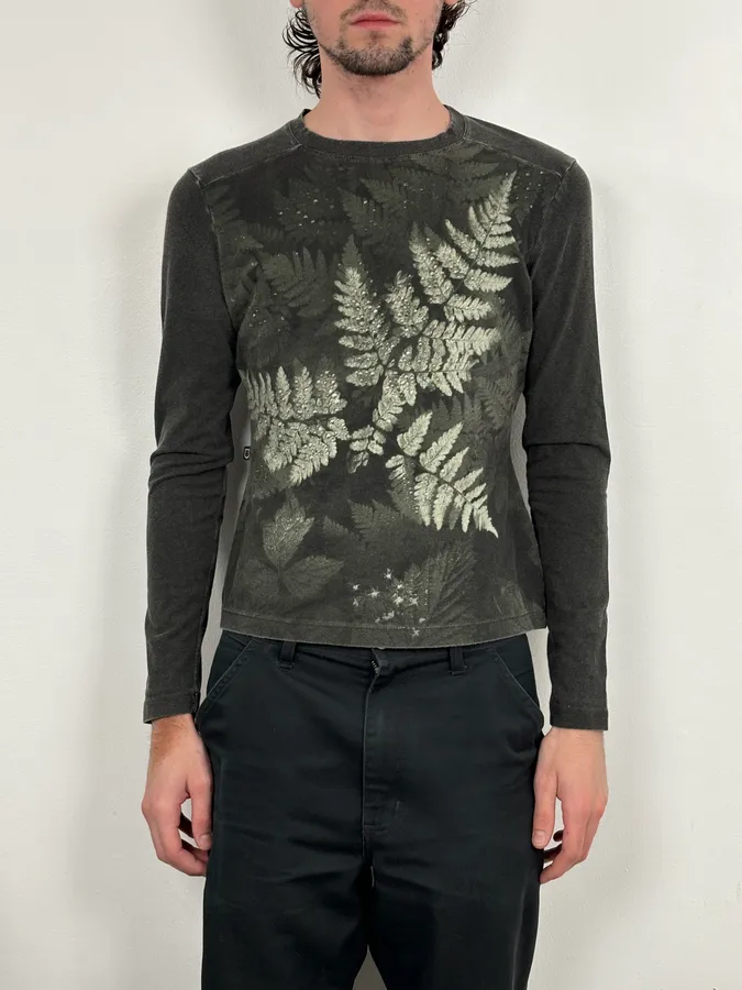 2000s Cavalli Golden Leaves Khaki Longsleeves - Image 2