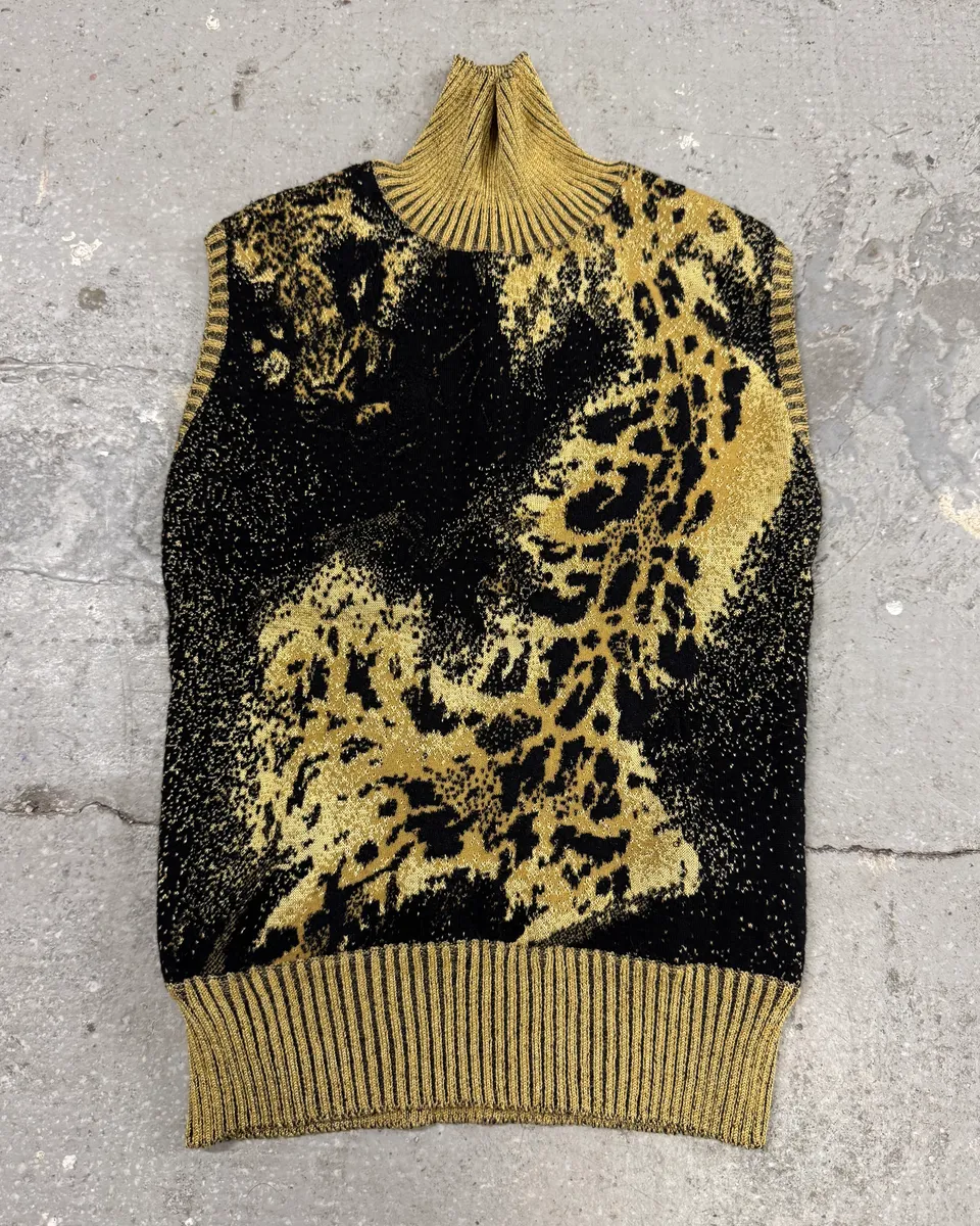 2000s Cavalli Golden Panther Sleeveless High Neck Sweater