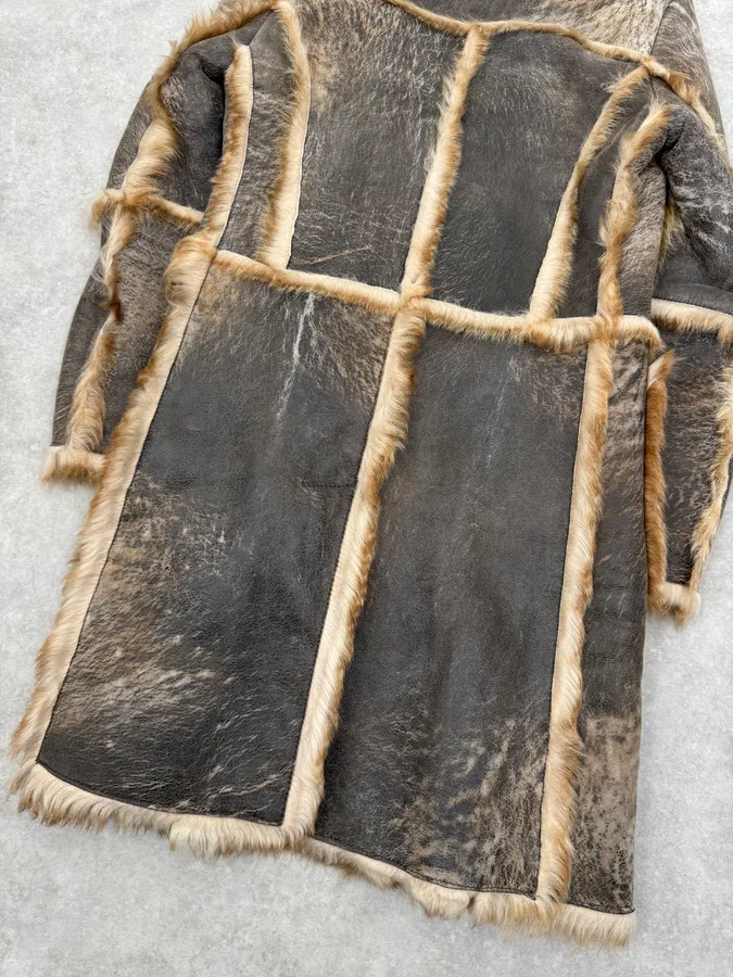2000s Cavalli Grey Eroded Fur Leather Long Coat - Image 6