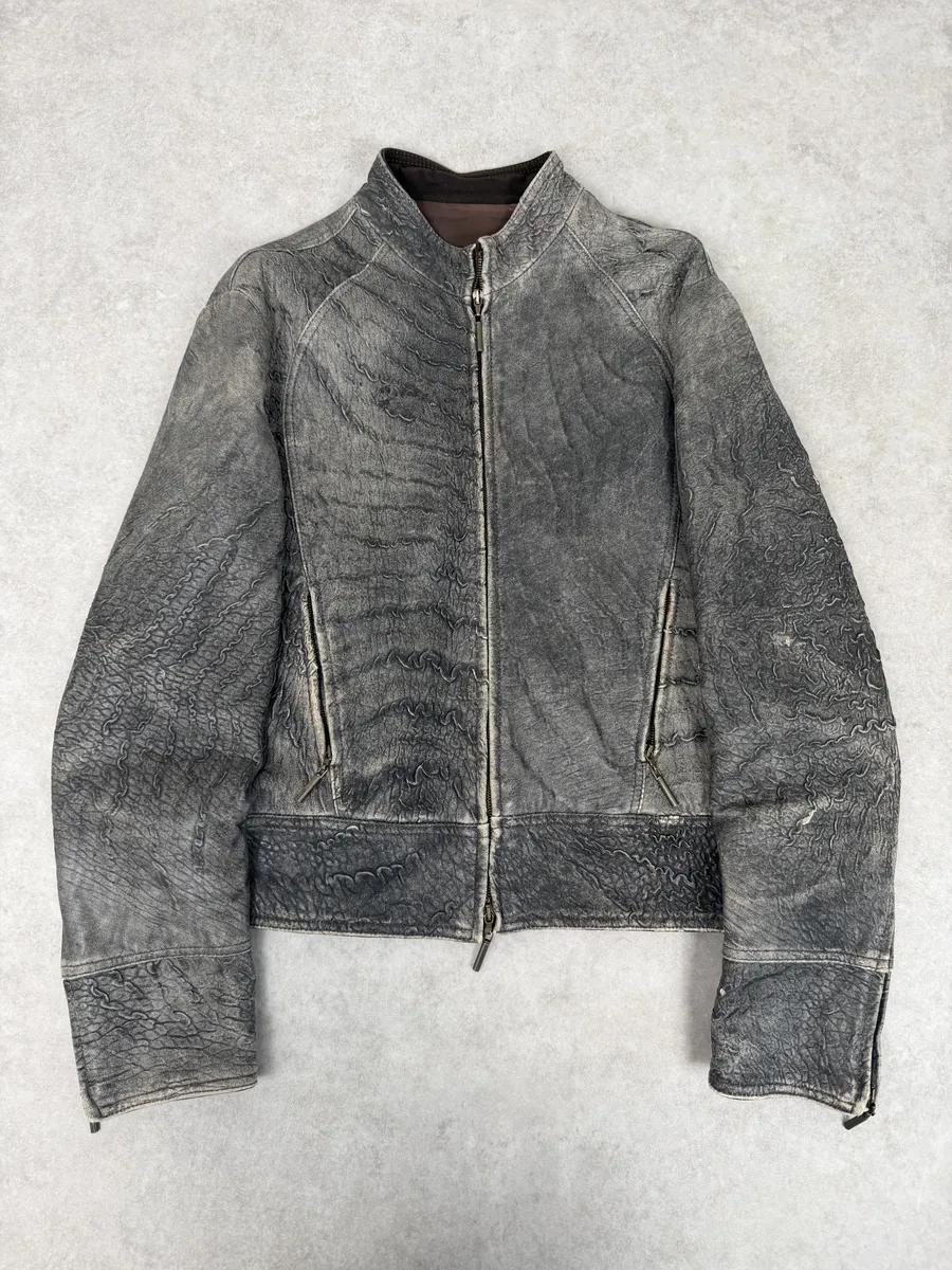 2000s Cavalli Grey Eroded Grained Scars Leather Jacket