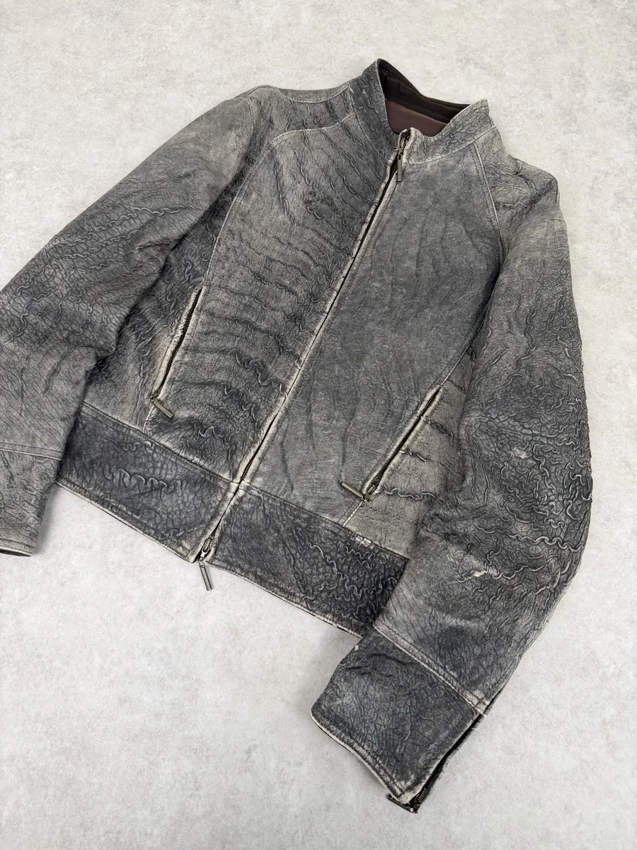 2000s Cavalli Grey Eroded Grained Scars Leather Jacket - Image 12