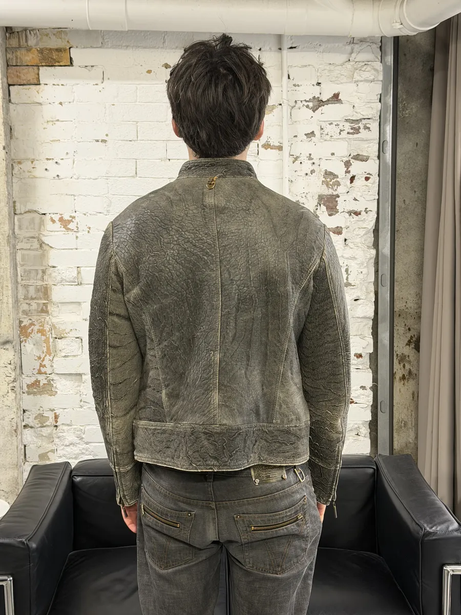 2000s Cavalli Grey Eroded Grained Scars Leather Jacket - Image 3