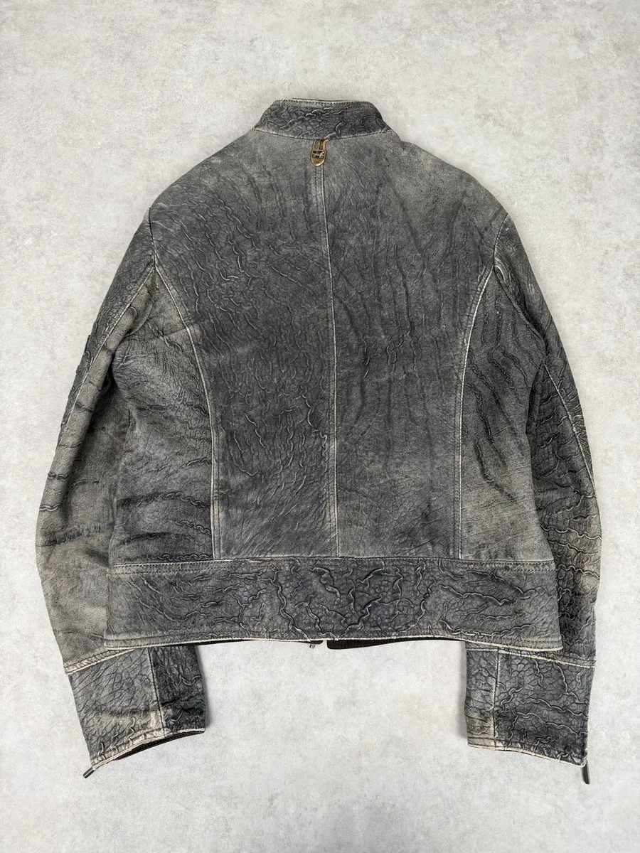 2000s Cavalli Grey Eroded Grained Scars Leather Jacket - Image 4