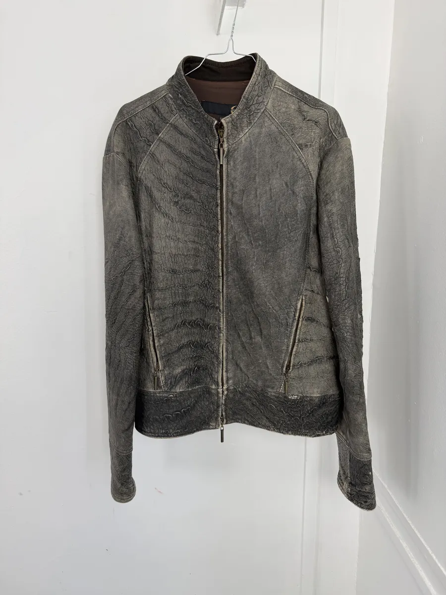 2000s Cavalli Grey Eroded Grained Scars Leather Jacket - Image 5