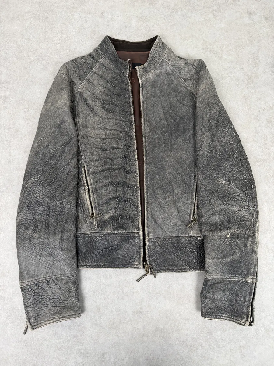 2000s Cavalli Grey Eroded Grained Scars Leather Jacket - Image 6