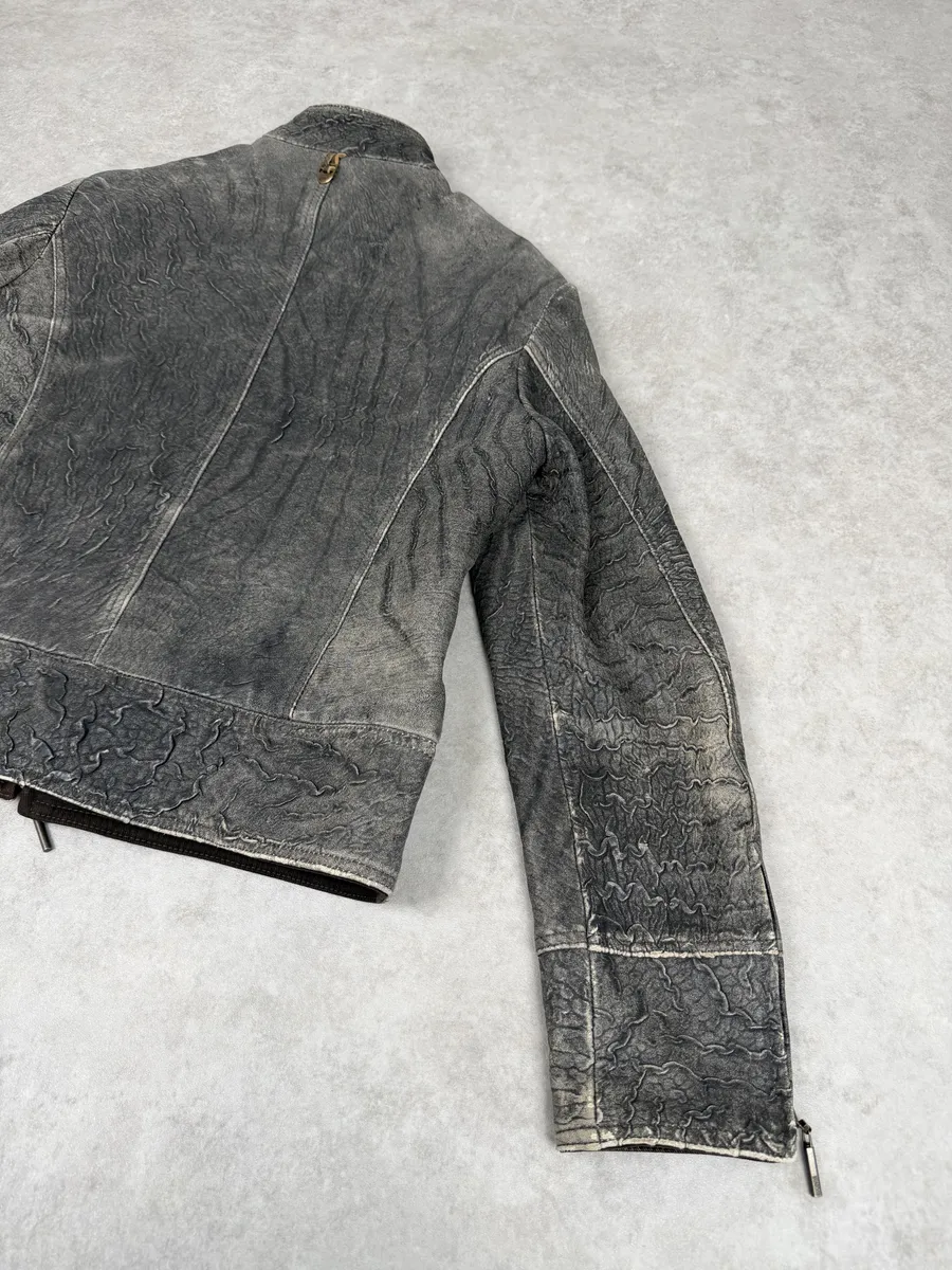 2000s Cavalli Grey Eroded Grained Scars Leather Jacket - Image 7