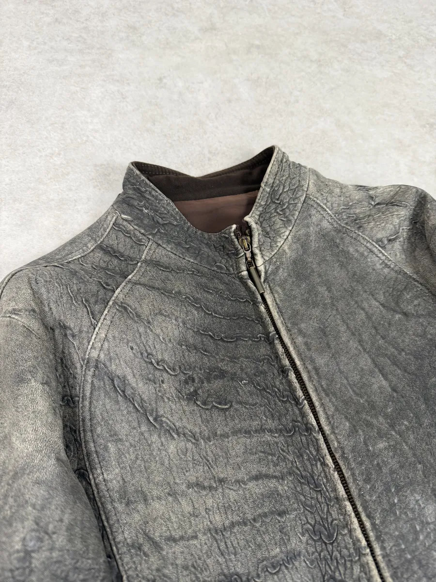 2000s Cavalli Grey Eroded Grained Scars Leather Jacket - Image 8