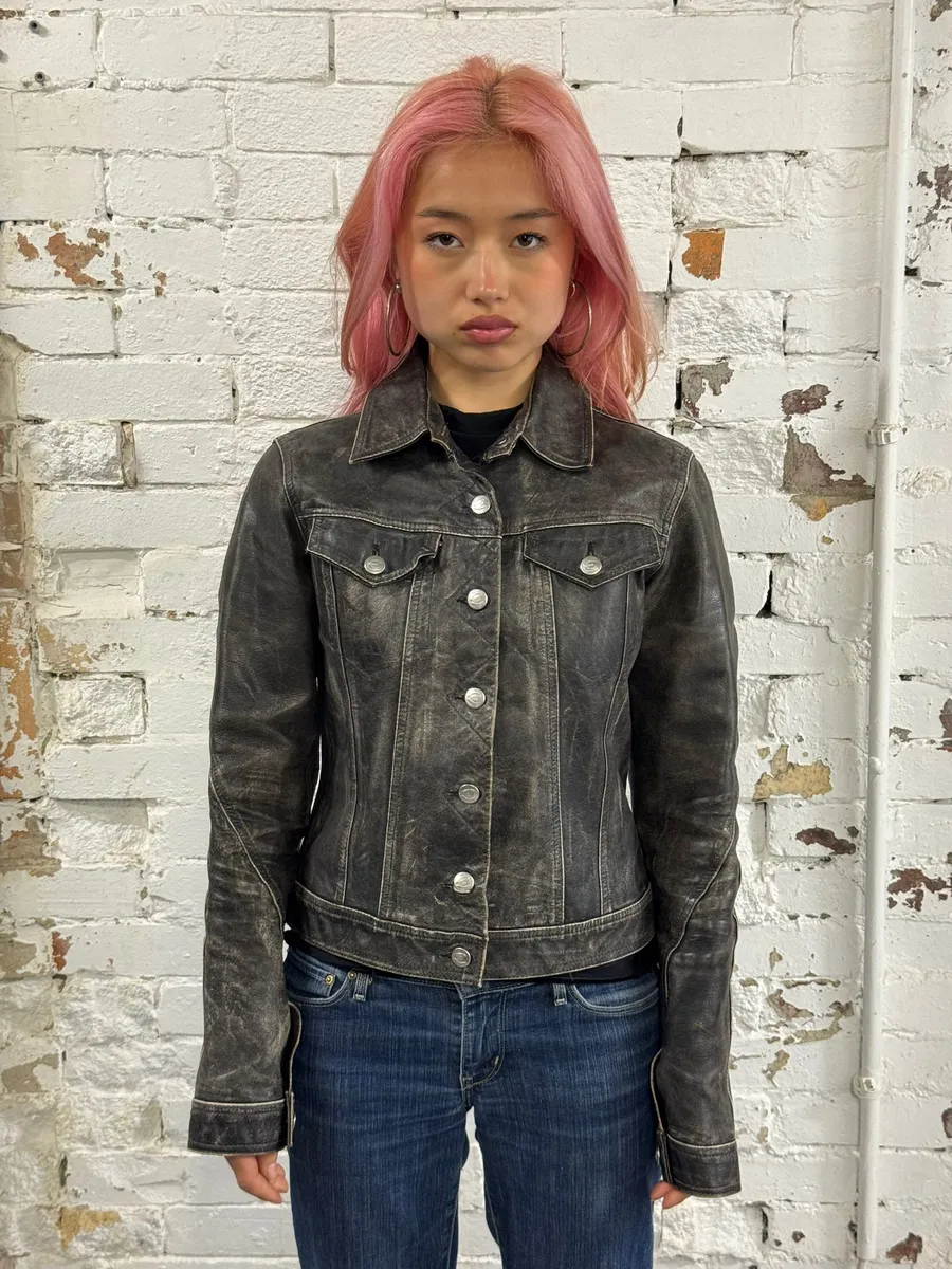 2000s Cavalli Grey Eroded Leather Trucker Jacket - Image 2