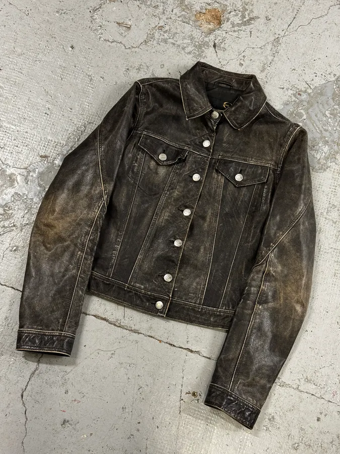 2000s Cavalli Grey Eroded Leather Trucker Jacket - Image 5