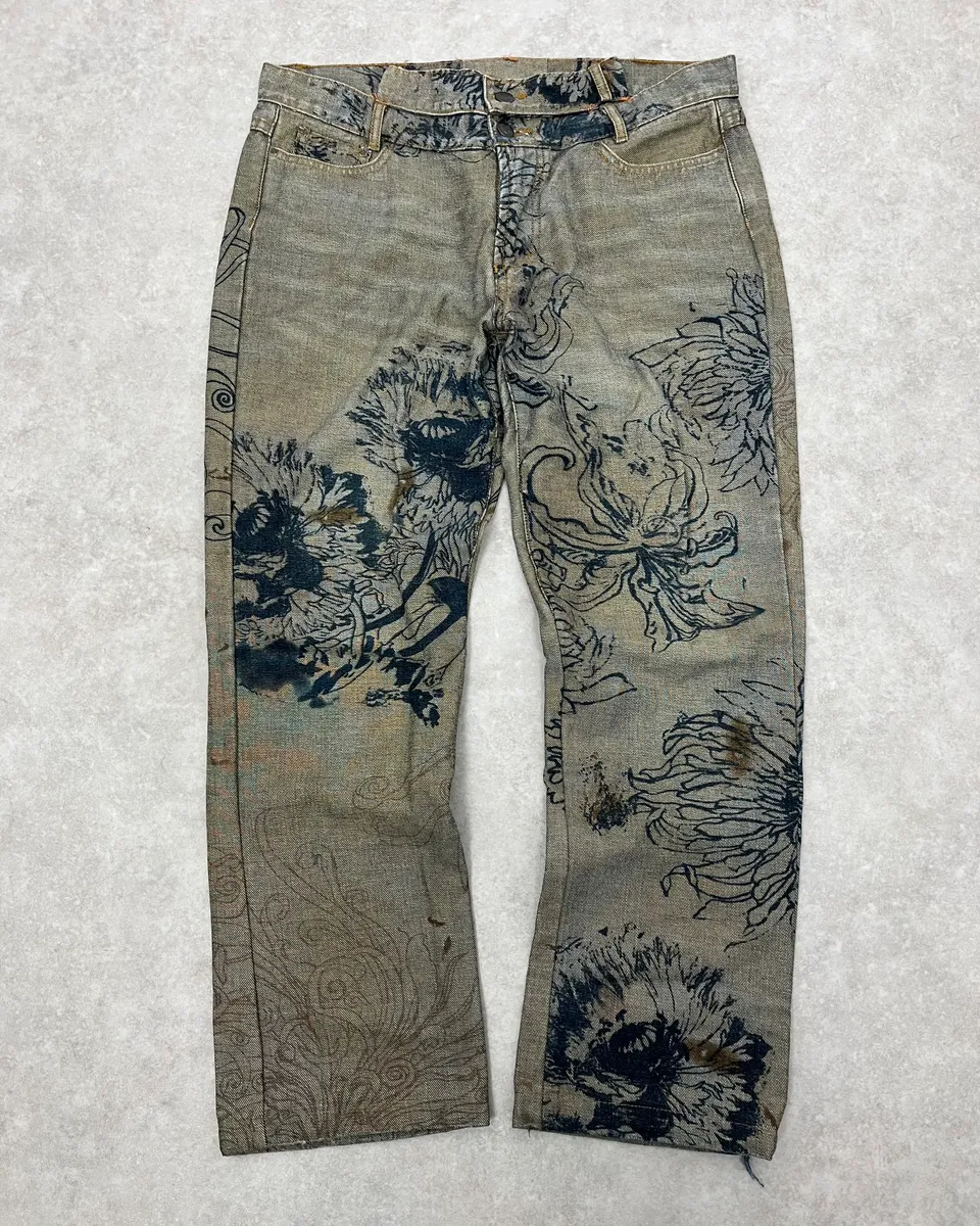2000s Cavalli Grey Floral Denim Jeans